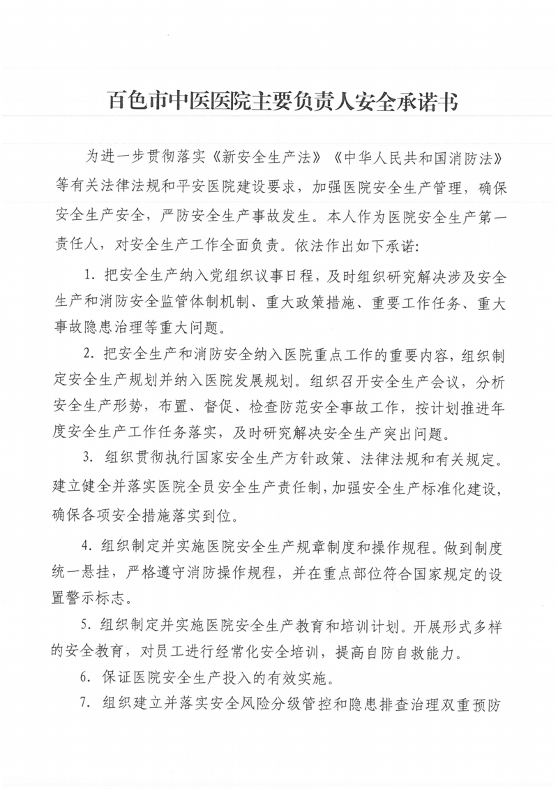 百色市中医医院主要负责人安全承诺书