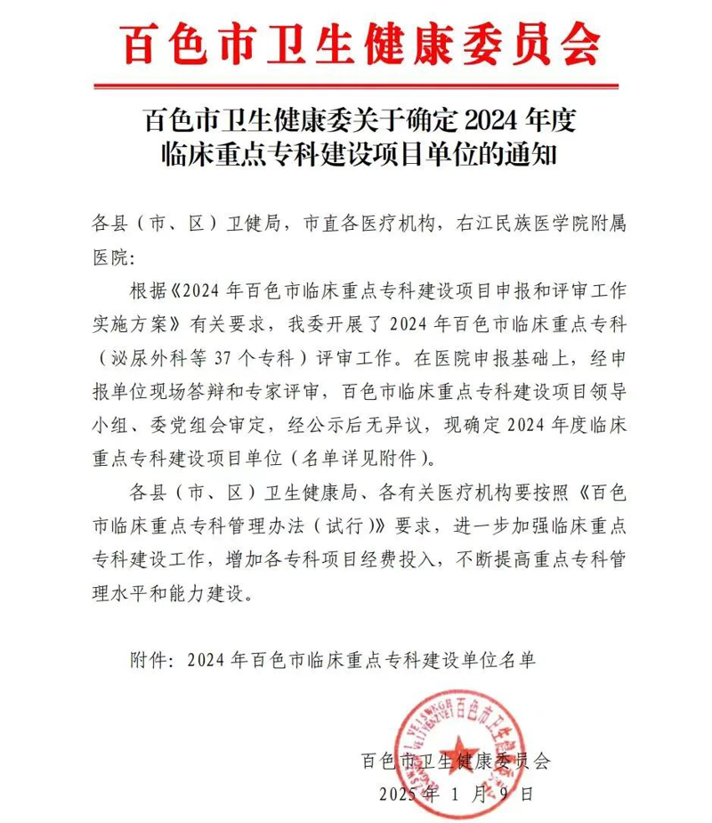 【喜讯】百色市中医医院脊柱外科、药学、医学影像学获评百色市临床重点专科